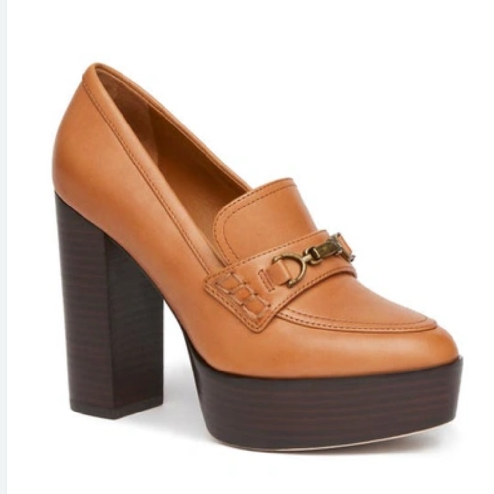 PAIGE Camel Platform Heels with Gold Accent